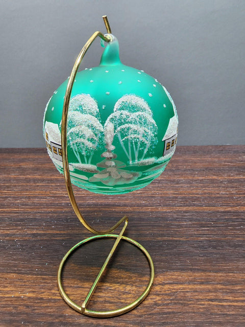 Green Blown Glass Large Ball Ornament - Hand Made - White Church Design