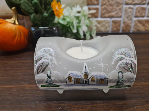 Frosted Glass Single Candle Holder  - White Church Yule Log Style