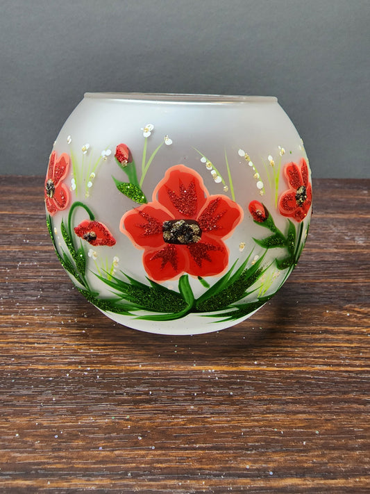 Poppy Flower Candle Holder  - Hand Made In Ukraine - Blown Glass - Hand Painted - Frosted Glass - Poppy Flower - Tealight Candle Holder