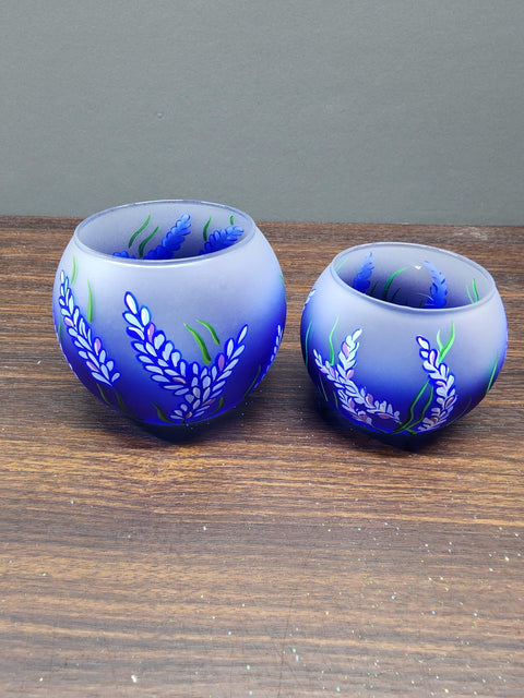 Blue Glass Candle Holder - Lavender Flower - Multiple Sizes