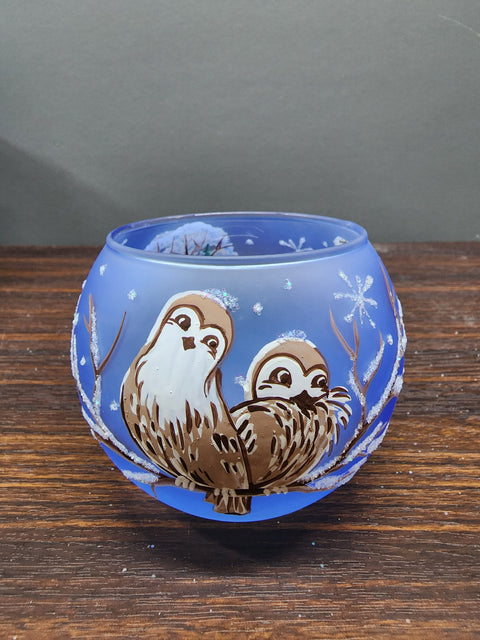 Light Blue Glass Candle Holder - Love Owls - Multiple Sizes