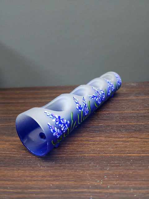 Blue Glass Quad Candle  Holder - Lavender Flower  Yule Log Style