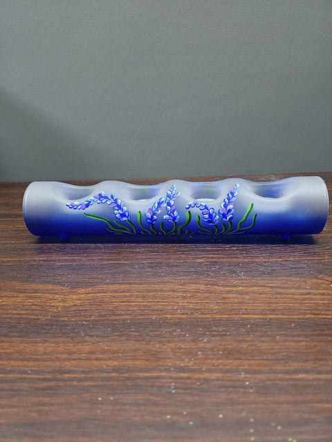 Blue Glass Quad Candle  Holder - Lavender Flower  Yule Log Style