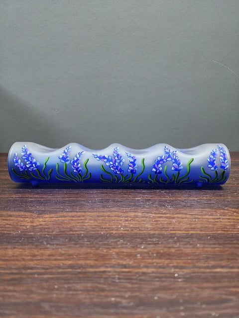 Blue Glass Quad Candle  Holder - Lavender Flower  Yule Log Style