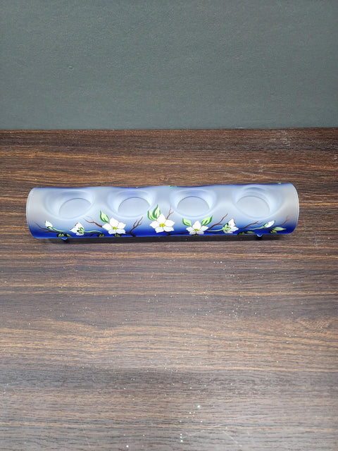 Blue Glass Quad Candle Holder - Dogwood Flower Yule Log Style