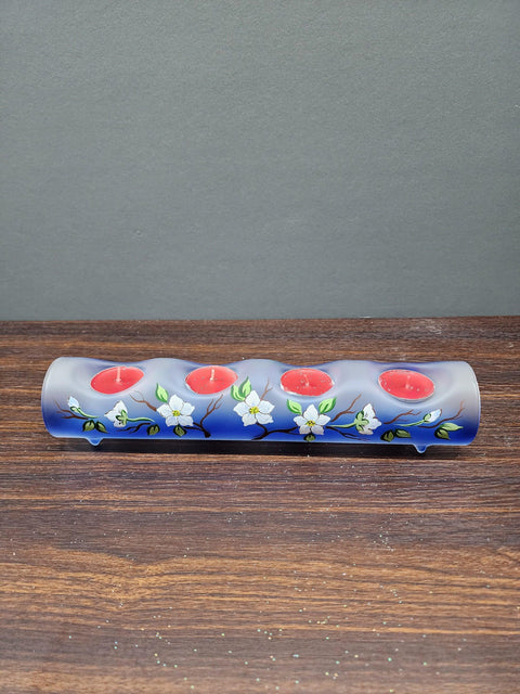 Blue Glass Quad Candle Holder - Dogwood Flower Yule Log Style