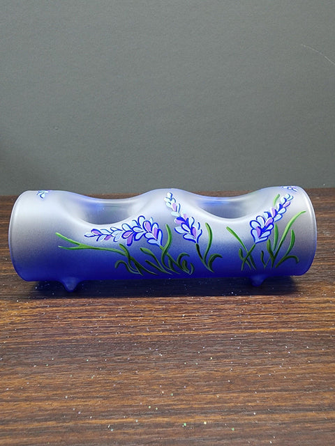 Blue Glass  Double Candle Holder  - Lavender Flower Yule Log Style