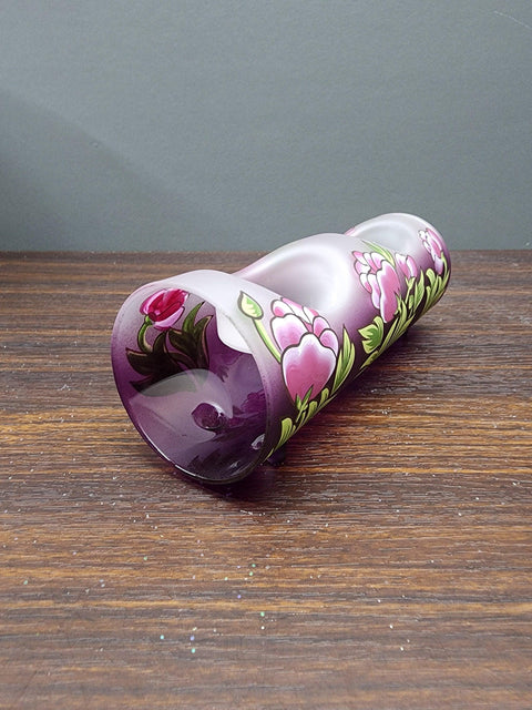 Purple Glass Double Candle Holder  -  Peony Flower Yule Log Style