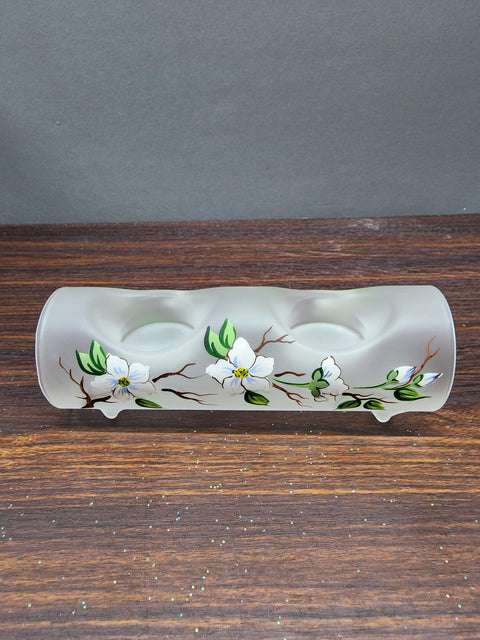 Frosted Glass Double Candle Holder - Dogwood Flower  Yule Log