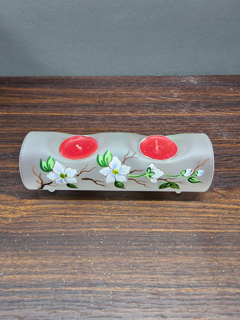 Frosted Glass Double Candle Holder - Dogwood Flower  Yule Log