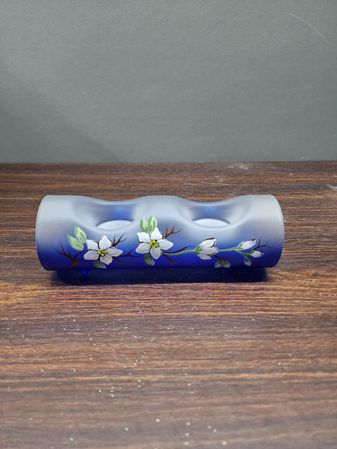 Blue Glass Double Candle Holder - Dogwood Flower Yule Log Style