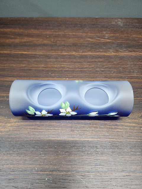 Blue Glass Double Candle Holder - Dogwood Flower Yule Log Style