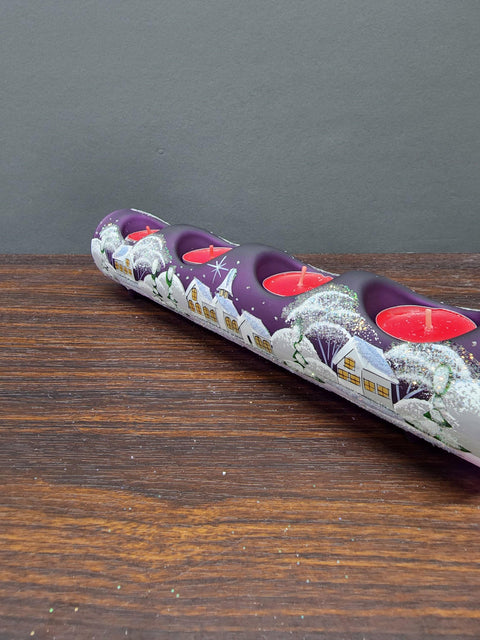 Purple Glass Quad Candle Holder - White Church  Yule Log Style