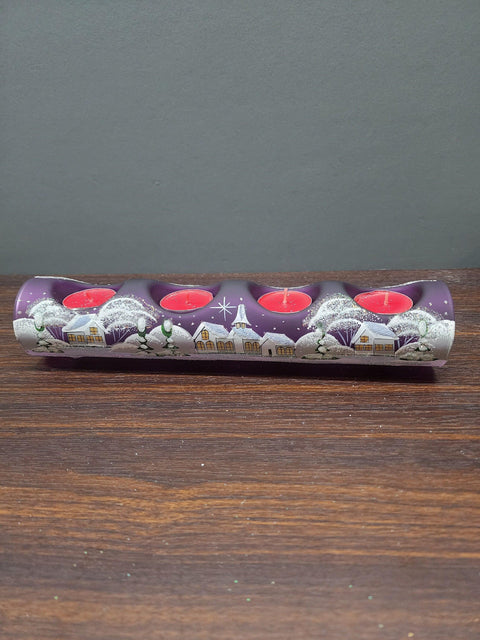 Purple Glass Quad Candle Holder - White Church  Yule Log Style