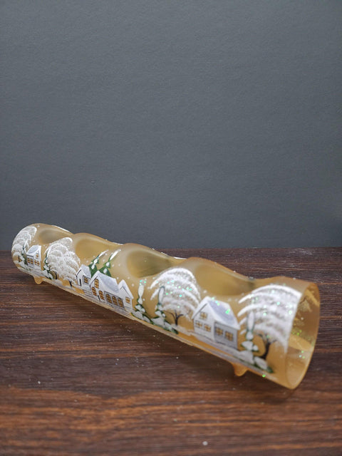 Yellow Glass Quad Candle Holder - White Cabins Yule Log Style