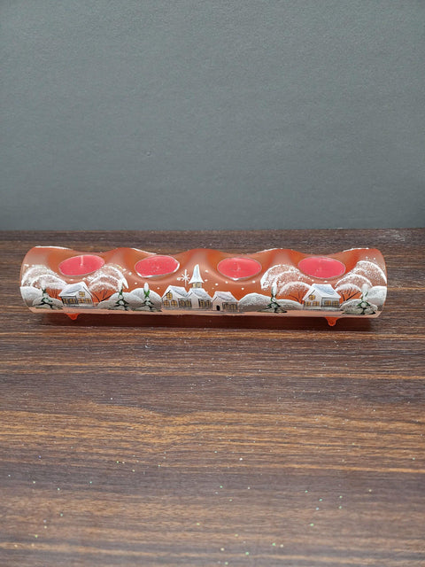 Orange Glass Quad Candle Holder - White Church  Yule Log Style