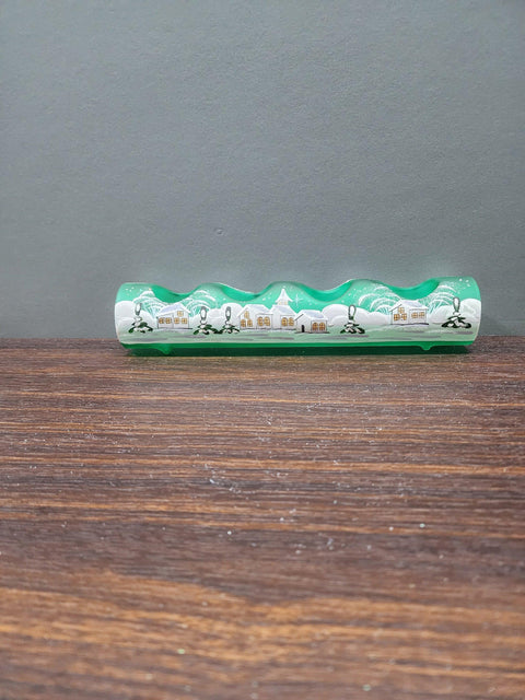 Green Glass Quad Candle Holder - White Church  Yule Log Style