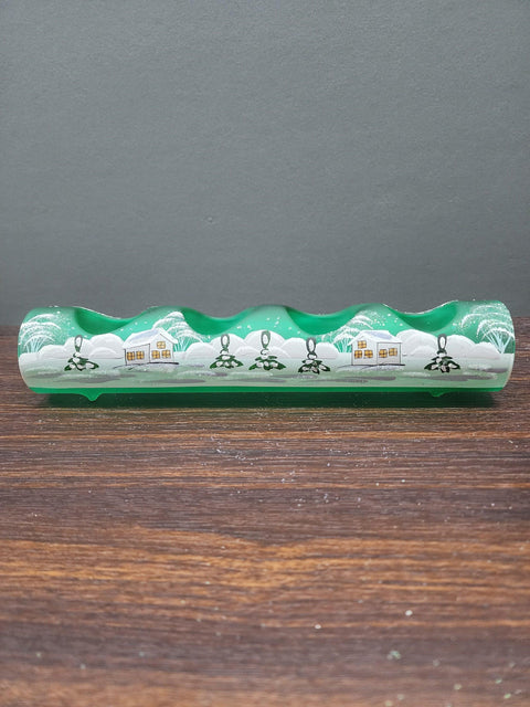 Green Glass Quad Candle Holder - White Church  Yule Log Style