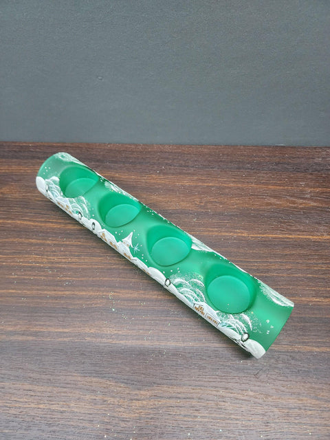 Green Glass Quad Candle Holder - White Church  Yule Log Style