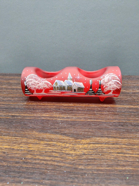 Red Glass Double Candle Holder  - White Church Yule Log Style