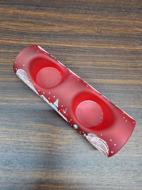 Red Glass Double Candle Holder  - White Church Yule Log Style