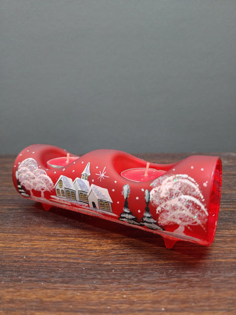 Red Glass Double Candle Holder  - White Church Yule Log Style