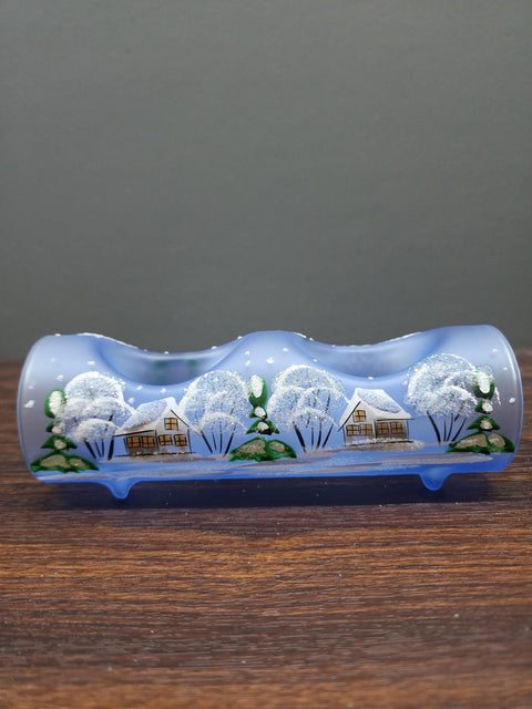 Light Blue Glass Double Candle Holder  - White Cabins  Yule Log Style