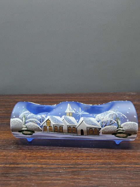 Light Blue Glass Double Candle Holder  - White Church Yule Log Style