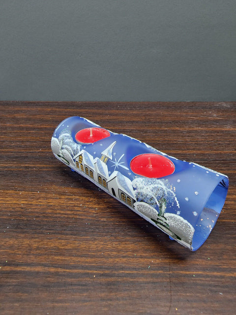 Light Blue Glass Double Candle Holder  - White Church Yule Log Style