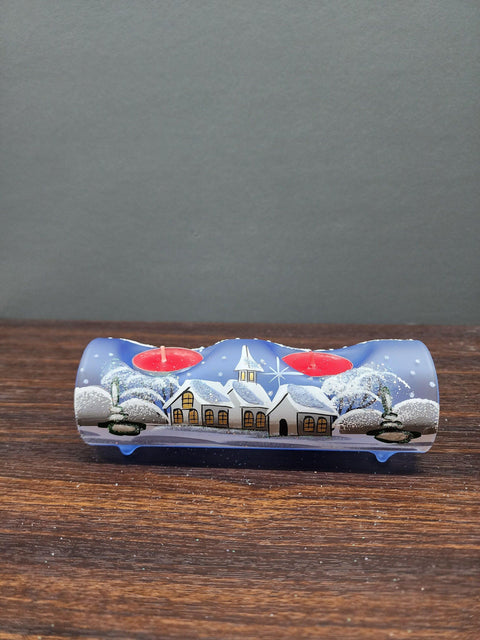 Light Blue Glass Double Candle Holder  - White Church Yule Log Style