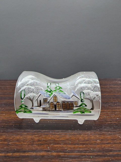 Frosted Glass Single Candle Holder  - White Cabins  Yule Log Style