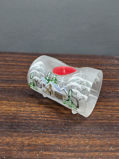 Frosted Glass Single Candle Holder  - White Cabins  Yule Log Style