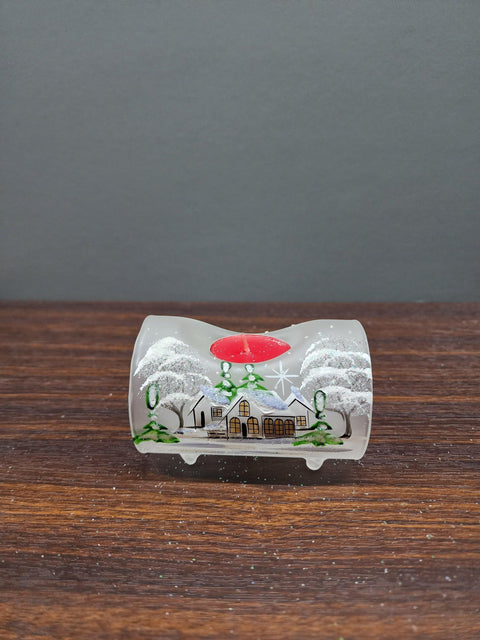 Frosted Glass Single Candle Holder  - White Cabins  Yule Log Style