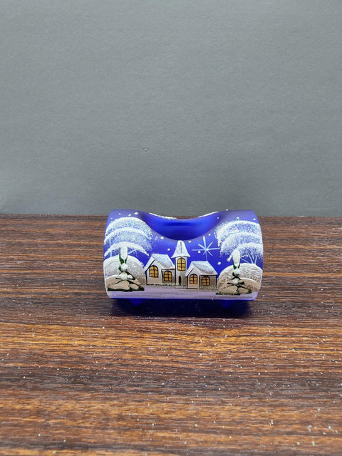 Blue Glass  Single Candle Holder  - White Church Yule Log Style