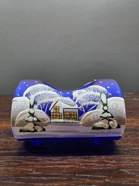 Blue Glass  Single Candle Holder  - White Church Yule Log Style