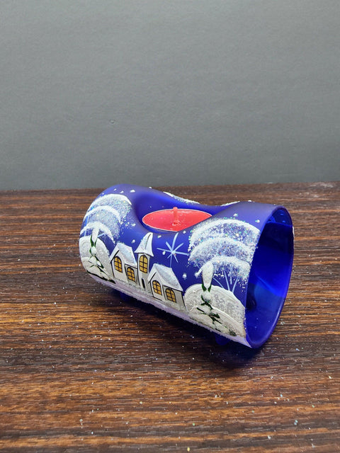 Blue Glass  Single Candle Holder  - White Church Yule Log Style