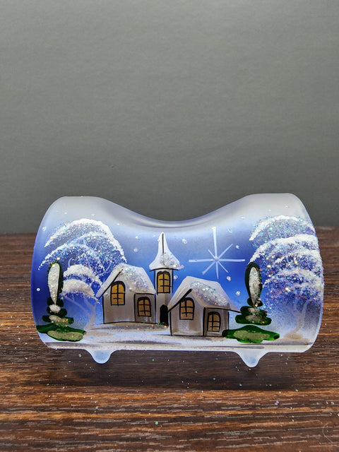 Blue Glass Single Candle Holder  - Brown Cabins Yule Log Style