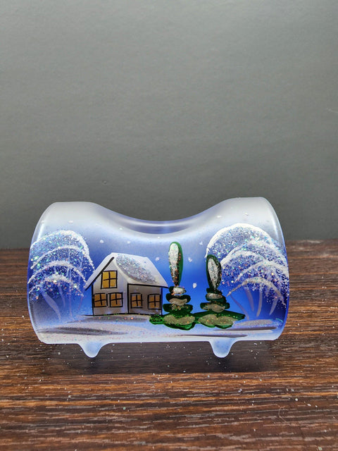 Blue Glass Single Candle Holder  - Brown Cabins Yule Log Style