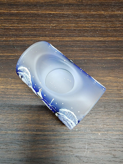 Blue Glass Single Candle Holder  - Brown Cabins Yule Log Style