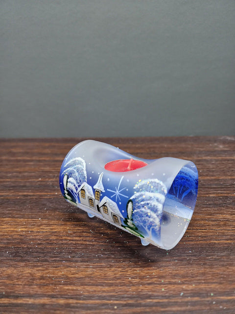 Blue Glass Single Candle Holder  - Brown Cabins Yule Log Style