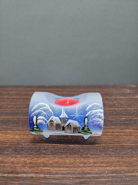 Blue Glass Single Candle Holder  - Brown Cabins Yule Log Style