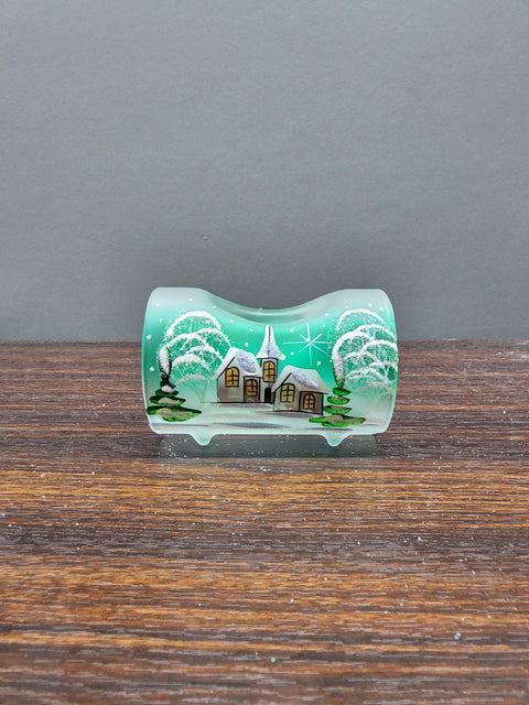 Green Glass Single Candle Holder  - White Church Yule Log Style