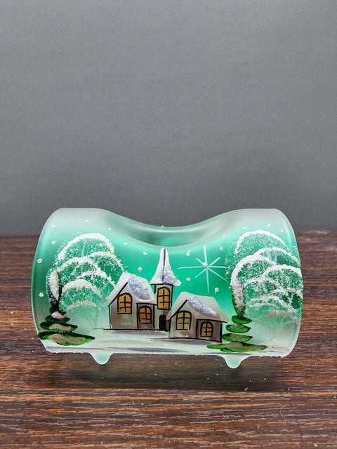 Green Glass Single Candle Holder  - White Church Yule Log Style