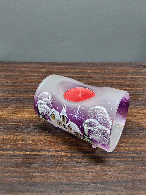 Purple Glass Single Candle Holder - White Church Yule Log Style