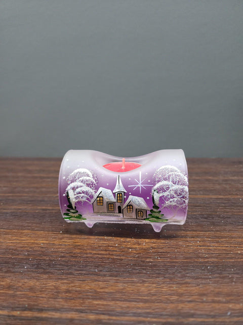 Purple Glass Single Candle Holder - White Church Yule Log Style