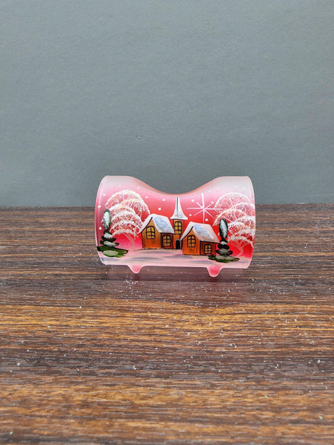 Red Ombre Glass Single Candle Holder  - Brown Church  Yule Log Style