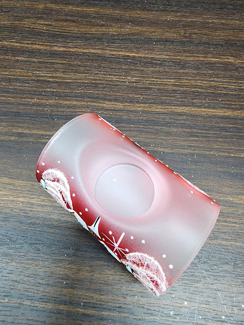 Red Ombre Glass Single Candle Holder  - Brown Church  Yule Log Style