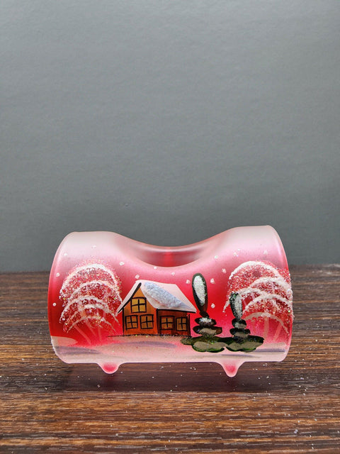 Red Ombre Glass Single Candle Holder  - Brown Church  Yule Log Style