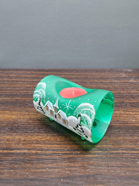 Green Glass Single  Candle Holder - White Church Yule Log Style