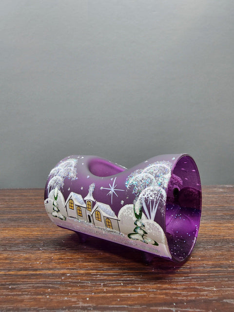 Purple Glass Single Candle Holder - White Church Yule Log Style